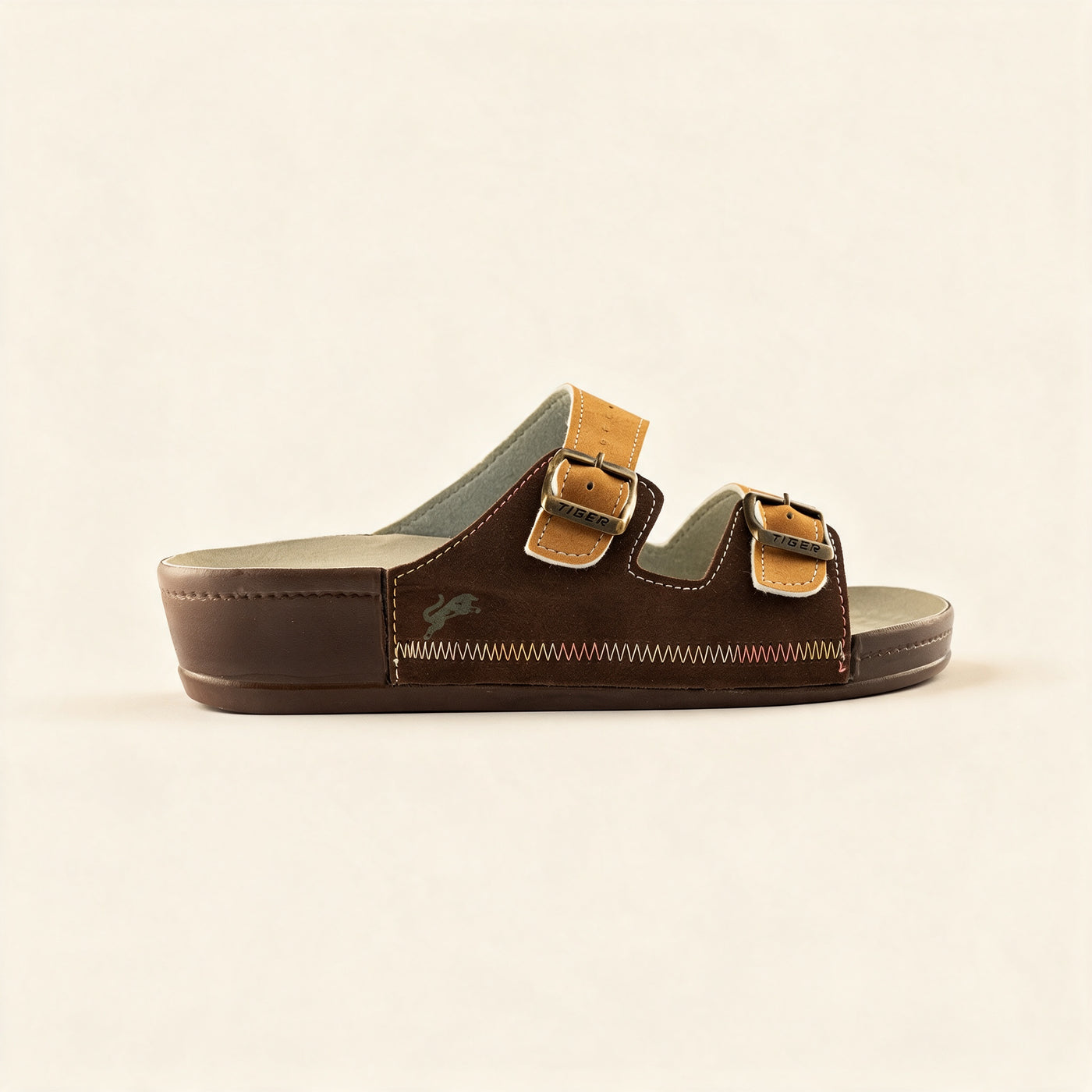 5078 NBK — Twin-buckle footbed slide, Brown / Camel &ndash; view 2