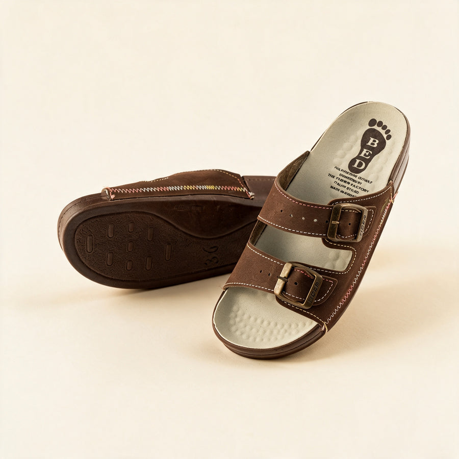 5078 NBK — Twin-buckle footbed slide, Brown